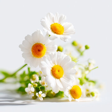 Group Of White Chamomile Flowers With Golden Yellow Centers And Green Foliage On White Background