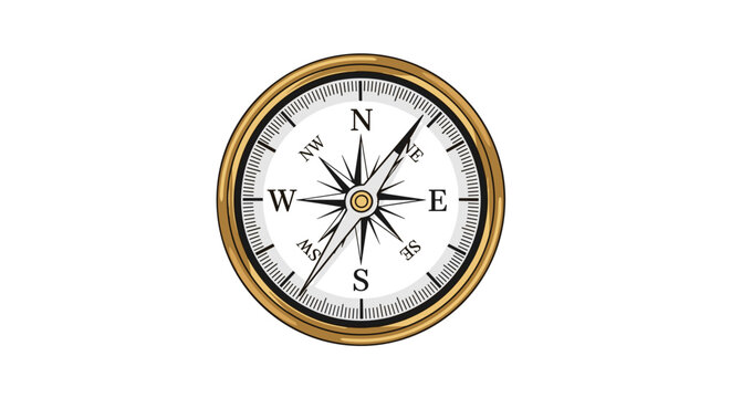 Classic brass nautical compass with a detailed dial and sharp needle rendered in a clean minimalist vector illustration style against white background.