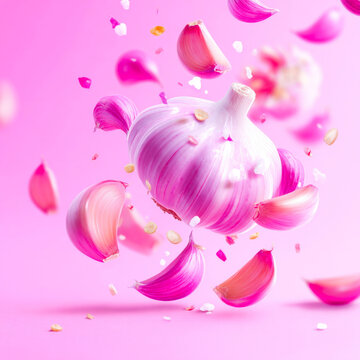 Organic Garlic Bulb And Cloves Flying In Mid Air On Soft Pink Background