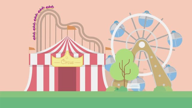 Animated Amusement Park with Circus Tent and Ferris Wheel