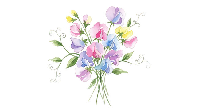 Watercolor illustration of a delicate bouquet of sweet pea flowers in soft pastel colors isolated on a white background transparent background