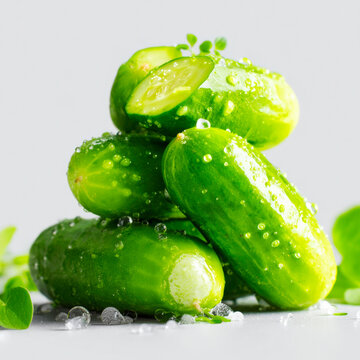 Organic Green Cucumbers With Sparkling Water Droplets And Green Leaves On White Background