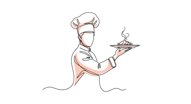 Professional Chef Holding a Plate of Hot Food Continuous One Line Drawing Minimalist Vector Illustration