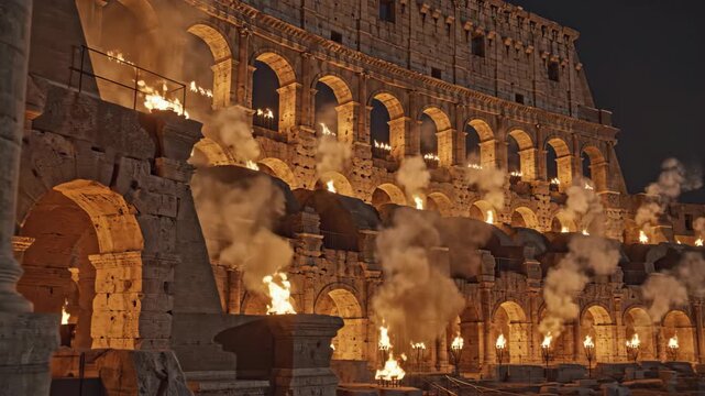 The Colosseum in Rome Ablaze With Fire and Smoke at Night, Showcasing Its Ancient Architecture Under Dramatic Lighting.