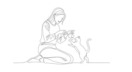 Obraz premium Continuous line drawing of a woman sitting on the floor and playing with her pet cat, minimalist vector illustration of friendship and animal bonding