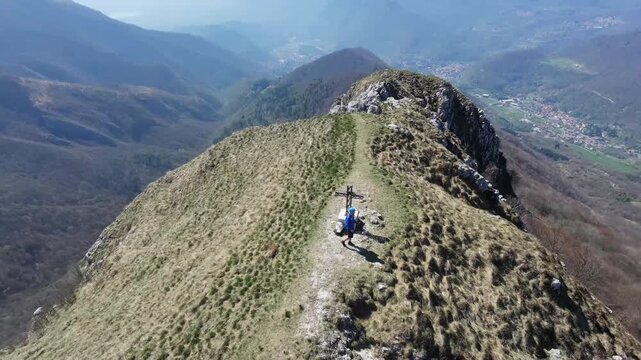 Ferrata del Venticinquennale, Corno Occidentale, Valmadrera, Lecco (MI) - April: Panoramic Drone lake view from the top of the mountain 