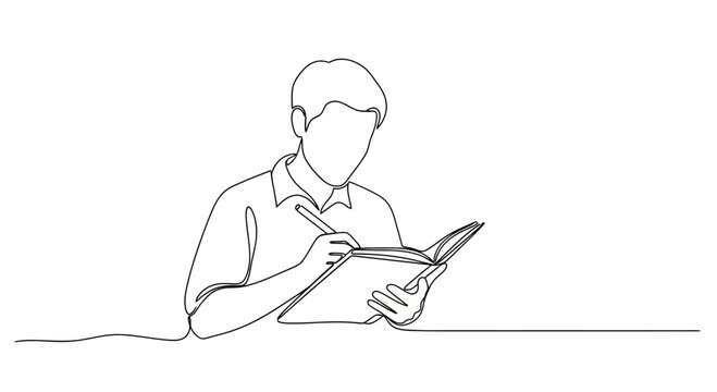 Continuous One Line Drawing of Man Writing in Notebook or Journal, Minimalist Student or Businessman Taking Notes Vector Illustration