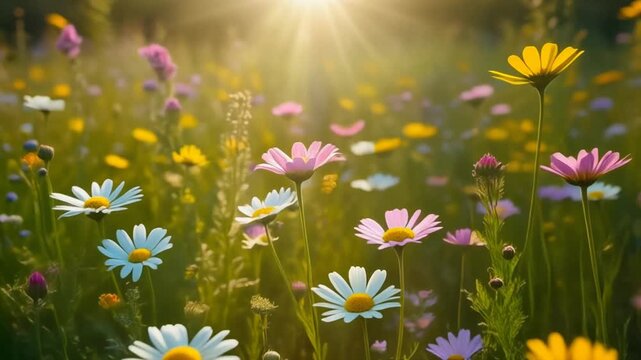 Blumenwiese im warmen Licht des Sonnenuntergangs