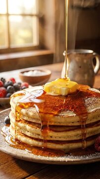 Golden syrup drips over steaming pancakes topped with butter and berries on wooden table