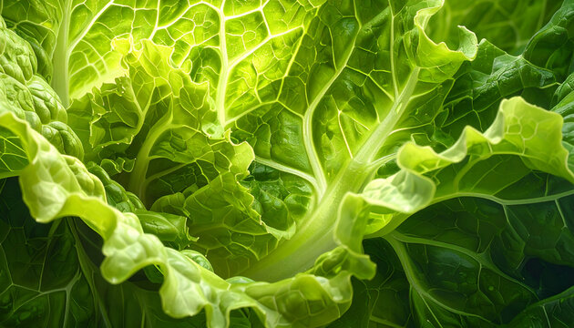Fresh and vibrant green napa cabbage leaves showing detailed textures and crisp edges beautifully illuminated with natural light