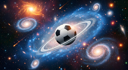 Fototapeta premium Cosmic Football: An artistic view of a soccer ball suspended amidst a stunning galaxy, surrounded by swirling nebulae and distant stars, inviting viewers to explore the vastness of the universe 
