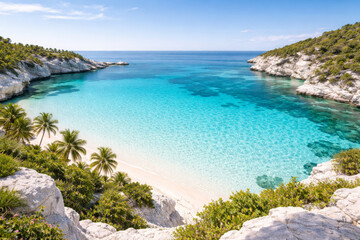 Obraz premium Serene beach view with clear turquoise water and palm trees