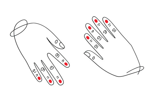 Minimalist line drawing depicts two hands with red circles on fingertips and knuckles