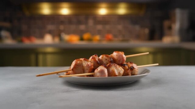 Saftige H&auml;hnchenspie&szlig;e serviert auf einem grauen Teller