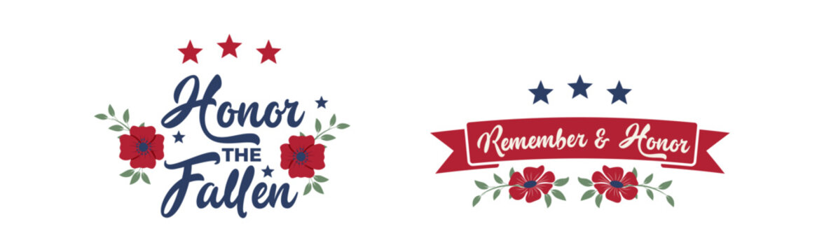 Memorial Day Typography Set with Poppy Flowers, Honor the Fallen and Remember & Honor Patriotic Vector