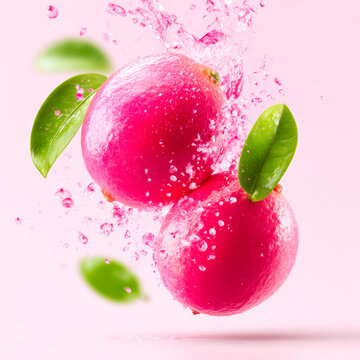 Two Fresh Pink Apples With Sparkling Water Droplets And Green Leaves Flying On Pink Background