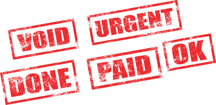 Red rubber stamps with urgent, void, done, paid, and ok text