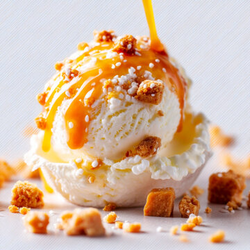 Vanilla Ice Cream Scoop With Golden Caramel Sauce Drizzle And Crunchy Biscuit Crumbles