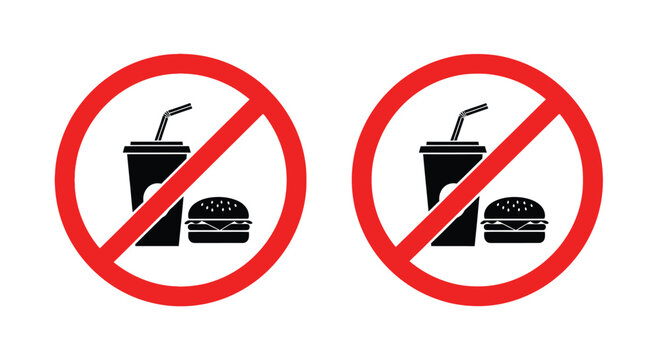 Two identical prohibition signs featuring a drink with a straw and a hamburger illustration