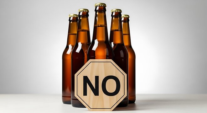 Group of amber bottles of a beverage behind a wooden sign that reads "NO