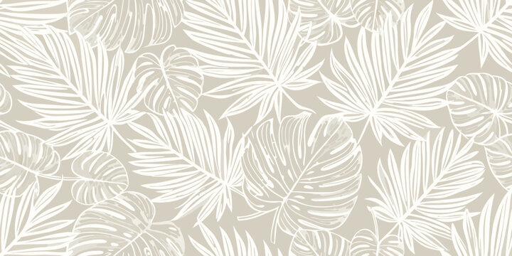 Elegant seamless pattern of tropical monstera and palm leaves