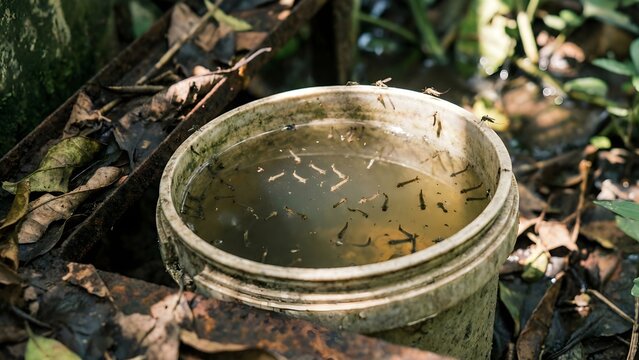 A close-up view of a dirty bucket filled with stagnant water, teeming with mosquito larvae and pupae, surrounded by fallen leaves and natural debris in an outdoor setting.