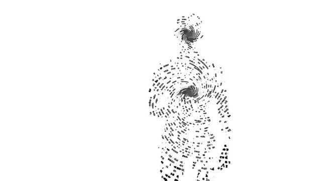 Disintegrating man made of particles, dissolving person