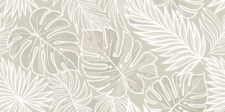 Elegant tropical monstera and palm leaf seamless pattern in neutral tones