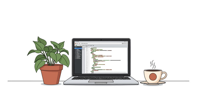 Workspace setup with laptop displaying code, potted plant, and coffee cup.