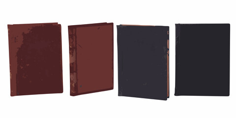 Four vintage books stand upright showcasing varying shades of red and black © Ranajit