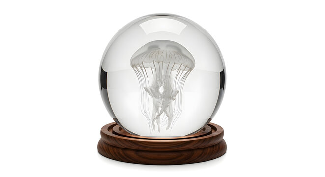 A delicate glass paperweight with a parachuter inside on a wooden base
