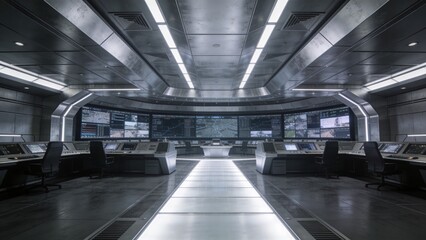 Obraz premium Control Command Center with Illuminated Pathway and Monitoring Walls for High-Tech Security Operations Visualization