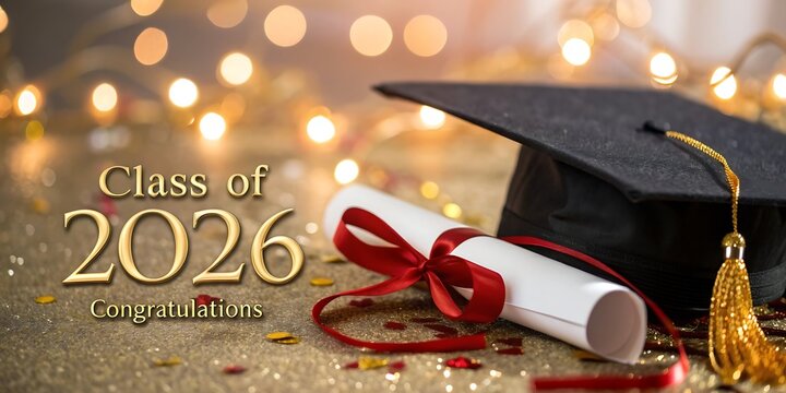 Class of 2026 graduation celebration with cap and diploma back to school graduation