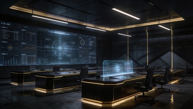Mission Critical Command Center with Luxurious Dark Materials and Subtle Gold Tinted Ambient Illumination