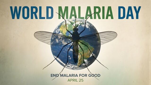 World Malaria Day banner with a large mosquito superimposed on a globe, advocating to end malaria for good on April 25.
