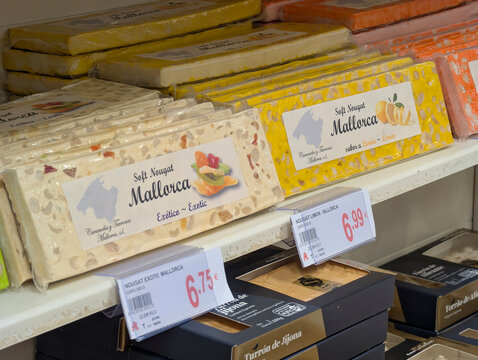 Marratx&iacute;, Mallorca, Spain &ndash; April 07, 2026: Traditional artisan Spanish Mallorca S.L turr&oacute;n nougat bars, sweets and premium assorted confectionery products display at Alcampo supermarket.