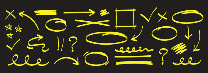  highlight marker  arrow  check mark red set. Line red marker hand drawn pen brush stroke underline check. Star oval sticker sign note scribble emphasis icon element. Vector illustration  © Daishin