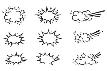 Hand drawn comic explosion burst star shape doodle set, cartoon boom sunburst and impact effect elements vector illustration on transparent background © Top