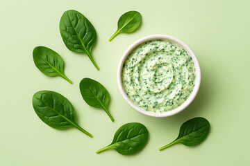 Obraz premium Fresh spinach dip with vibrant green leaves on a background