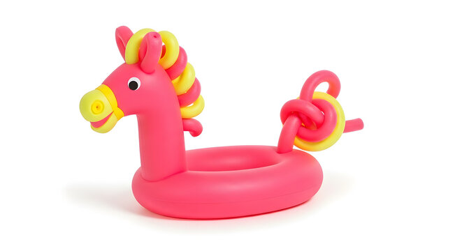 A pink inflatable unicorn pool float with yellow mane and tail on a white background