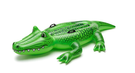 Fototapeta premium A vibrant green inflatable crocodile toy on a white background