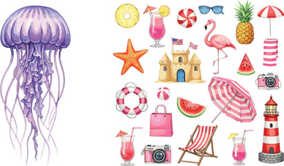 Summer beach elements collection with jellyfish starfish flamingo pineapple and seaside accessories cartoon vector illustration set © MdRazaul