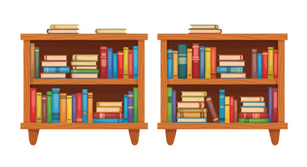 Two wooden bookshelves are filled with colorful books stacked and arranged neatly on shelves © Shakil