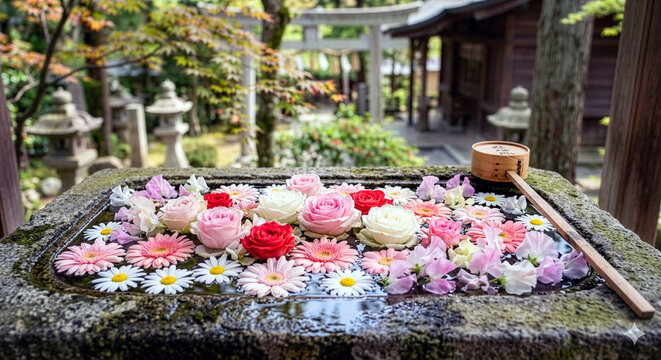 Japanese Hanachozu Water Basin with Pastel Flowers and Ladle