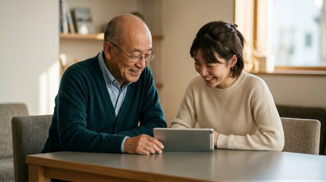 Grandfather and granddaughter sharing a digital tablet moment