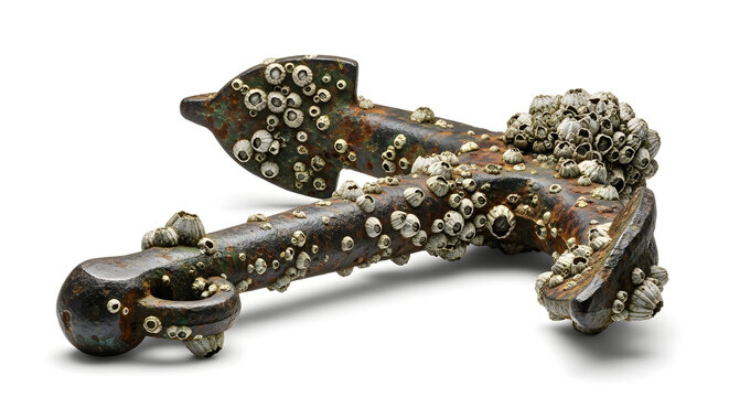 A rusty anchor covered in barnacles and seaweed on a white background