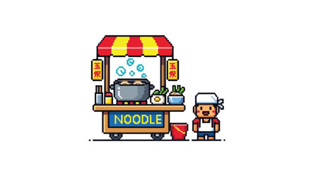 Fototapeta premium This pixel art vector illustration depicts a charming noodle cart with a smiling chef, steaming pot, and colorful lanterns on a white background.