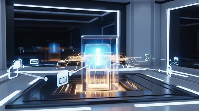 Dynamic digital technology architecture with glowing core, representing advanced data processing and interconnected network for future innovation and artificial intelligence development