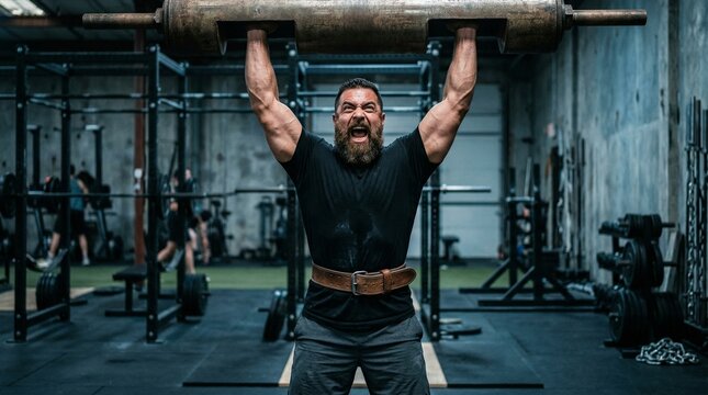 Bearded muscular man screaming while performing log press in industrial gym.