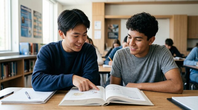 Diverse male students studying textbook together in school classroom.